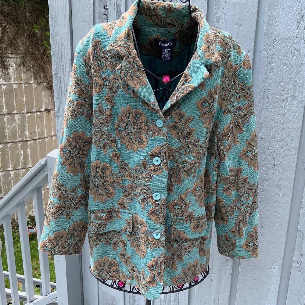 Denim & Co. Teal & Brown Floral Tapestry Blazer (SIZE XL)